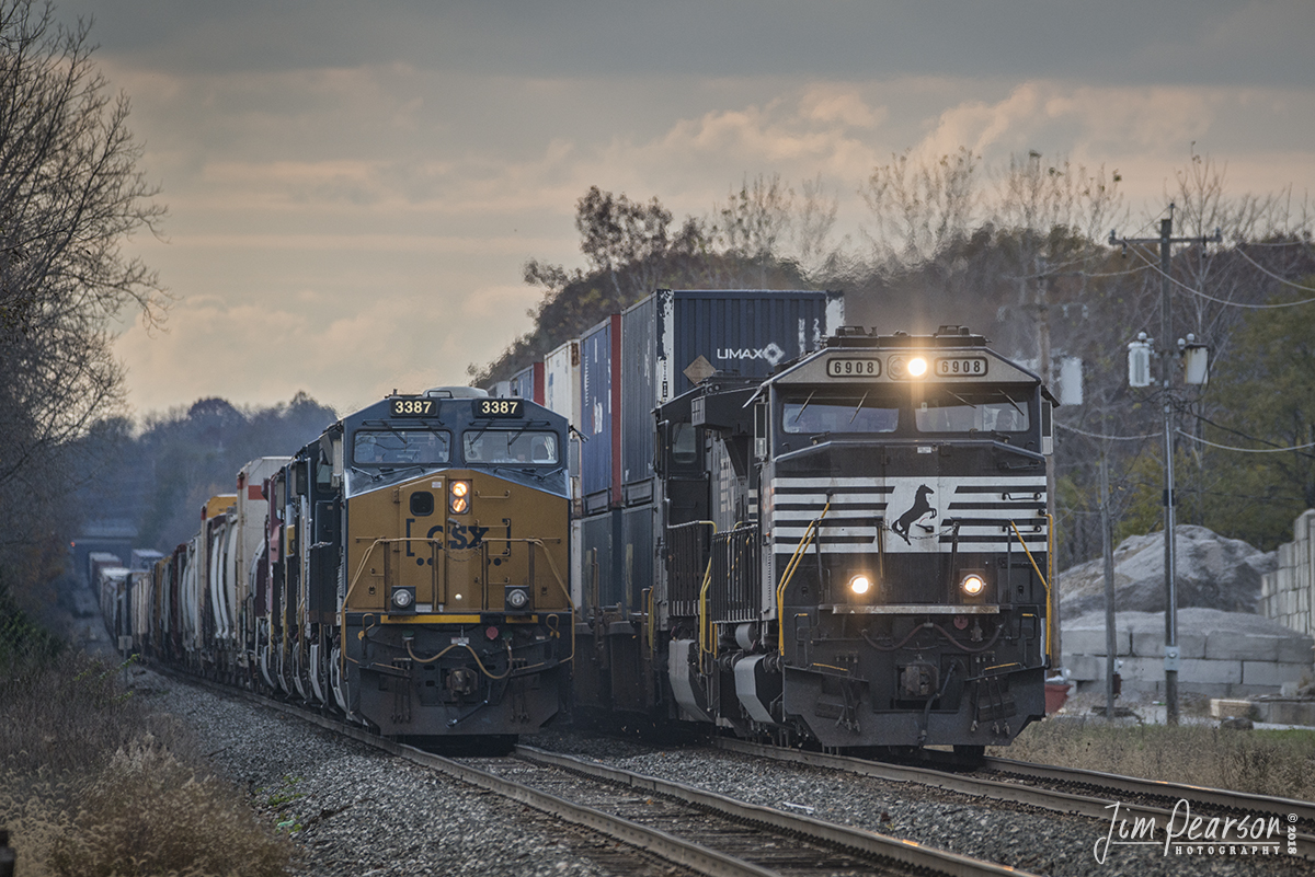 November 3, 2018 - CSX Q512 waits for a East Bound intermodal, with NS 6908 leading, to pass it on the St. Louis Line Subdivision at Danville, IN on its way to the yard at Avon, IN. - #jimstrainphotos #indianarailroads #trains #nikond800 #railroad #railroads #train #railways #railway #csx #csxrailroad #nsrailway