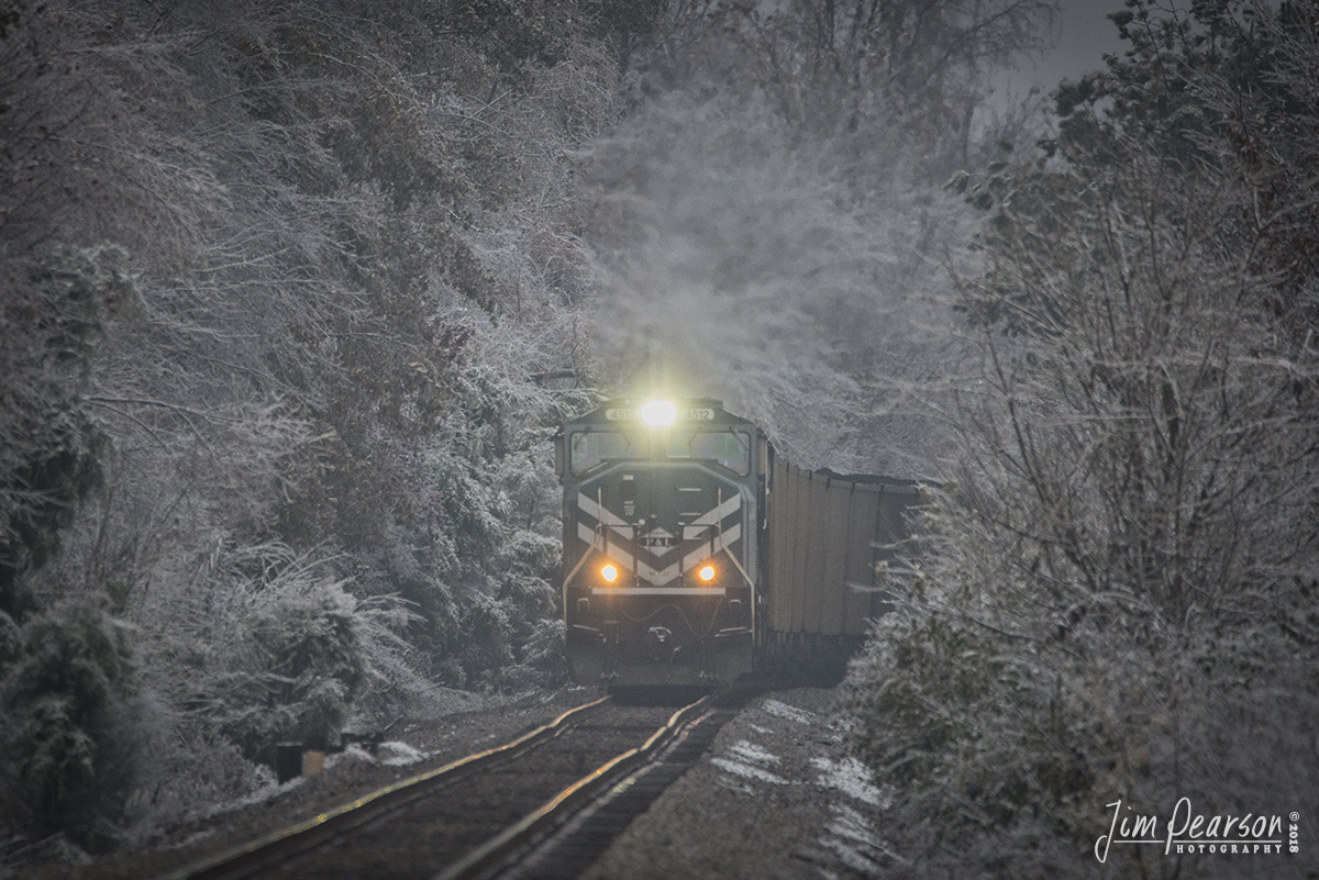 November 15, 2018 - After the recent winter storm passed through Western Kentucky, Paducah and Louisville Railways 4512 leads a loaded coal train through a forest of ice covered trees, on the way down CSX's Earlington Cutoff to the East Diamond lead at Madisonville, Ky. From here the coal train will head back onto their own property for the trip north to the Louisville Gas Electric power plant at Louisville, Ky.  - #jimstrainphotos #kentuckyrailroads #trains #nikond800 #railroad #railroads #train #railways #railway #csx #csxrailroad