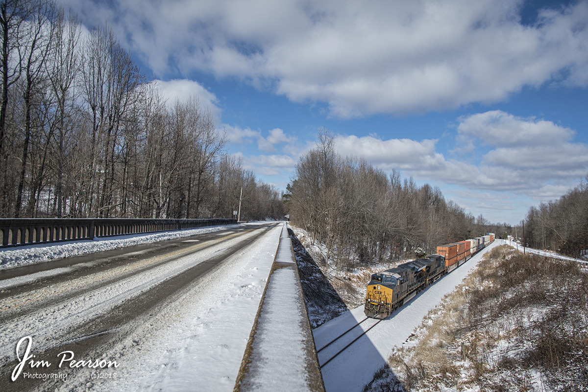 January 13, 2018 - CSX intermodal Q029-13 (Chicago, IL - Atlanta, GA) makes its way under the highway 41 overpass at Mortons Gap, Kentucky as it heads south on the Henderson Subdivision on a beautiful winter day.