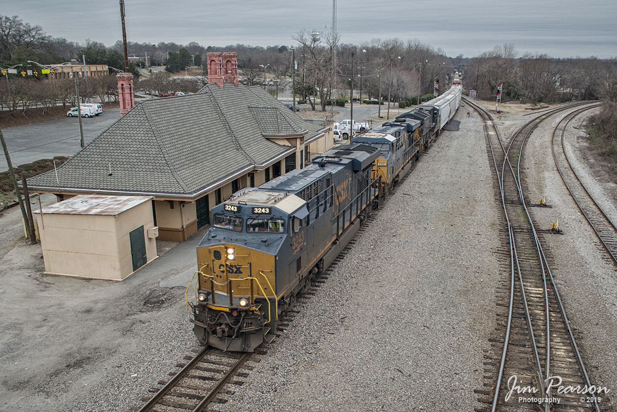 January 12, 2019 - CSX Q583 passes the yard office (an old Seaboard Station) at the south end of Monroe Yard with CSXT 3243 leading as it heads north on the Monroe Subdivision at Monroe, NC. - #jimstrainphotos #ncrailroads #trains #nikond800 #railroad #railroads #train #railways #railway #csx #csxrailroad
