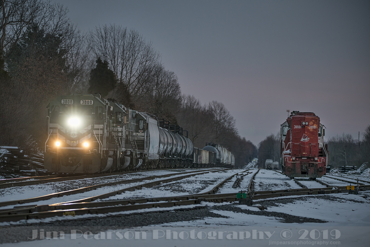 January 21, 2019 - A Paducah and Louisville railway local passes through PAL's West Yard, with 3808 leading on its way south, as the last light of day begins to fade from the sky. Parked at the right is PAL 3801 (GP38), University of Louisville Cardinals engine. - #jimstrainphotos #kentuckyrailroads #trains #nikond800 #railroad #railroads #train #railways #railway #pal #palrailway