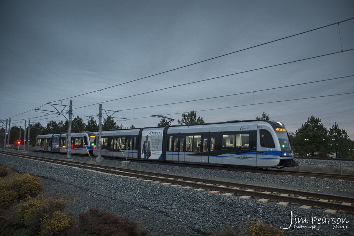 January 12, 2019 - A LYNX Blue Line train arrives at the end of it's line a the I-485 stop in Pineville, NC.According Wikipedia: The Lynx Blue Line is a light rail line in Charlotte, North Carolina. The 19.3-mile (31.1 km) line goes from its northern terminus at the University of North Carolina at Charlotte in University City through NoDa, Uptown, and South End then paralleling South Boulevard to its southern terminus just north of Interstate 485 at the Pineville city limits. There are 26 stations in the system, the light rail portion of which carries an average of over 16,900 passenger trips every day. It is the first major rapid rail service of any kind in North Carolina, and began operating seventy years after the previous Charlotte streetcar system was disbanded in 1938, in favor of motorized bus transit. It opened on November 24, 2007 between I-485/South Boulevard and 7th Street as the first rail line of the Charlotte Area Transit System. - #jimstrainphotos #NCrailroads #trains #nikond800 #railroad #railroads #train #railways #railway #commutertrain #lightrail #northcarolinarailroads