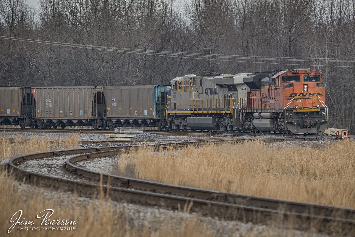 February 2, 2019 - An empty coal train, with BNSF 9085 and Citirail 1338, sit in the loop at the Calvert City Terminal in Calvert City, Ky as they wait for a crew.
