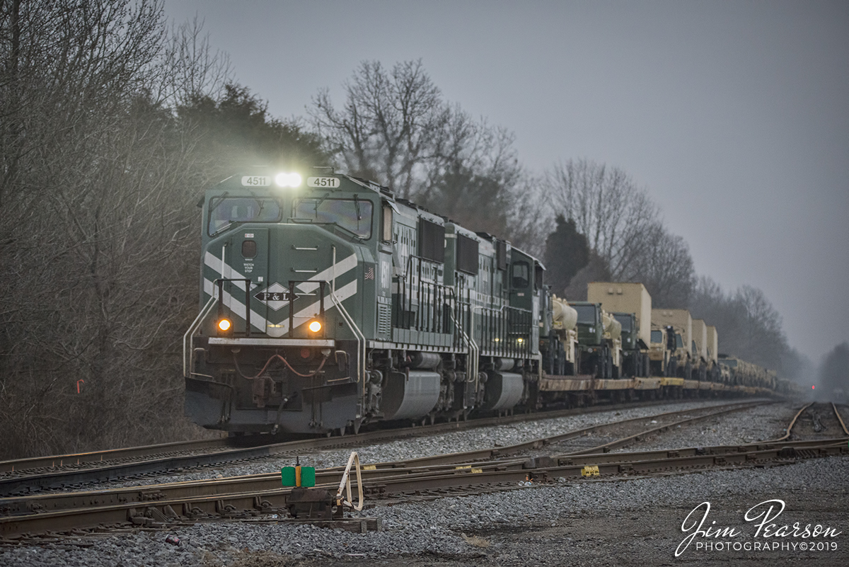 February 5, 2019 Paducah & Louisville Railway 4511 & 4510 pull a Military train (MI1) through West Yards in Madisonville, Ky as it heads south. - #jimstrainphotos #kentuckyrailroads #trains #nikond800 #railroad #railroads #train #railways #railway #pal #palrailway #paducahandlouisvillerailway