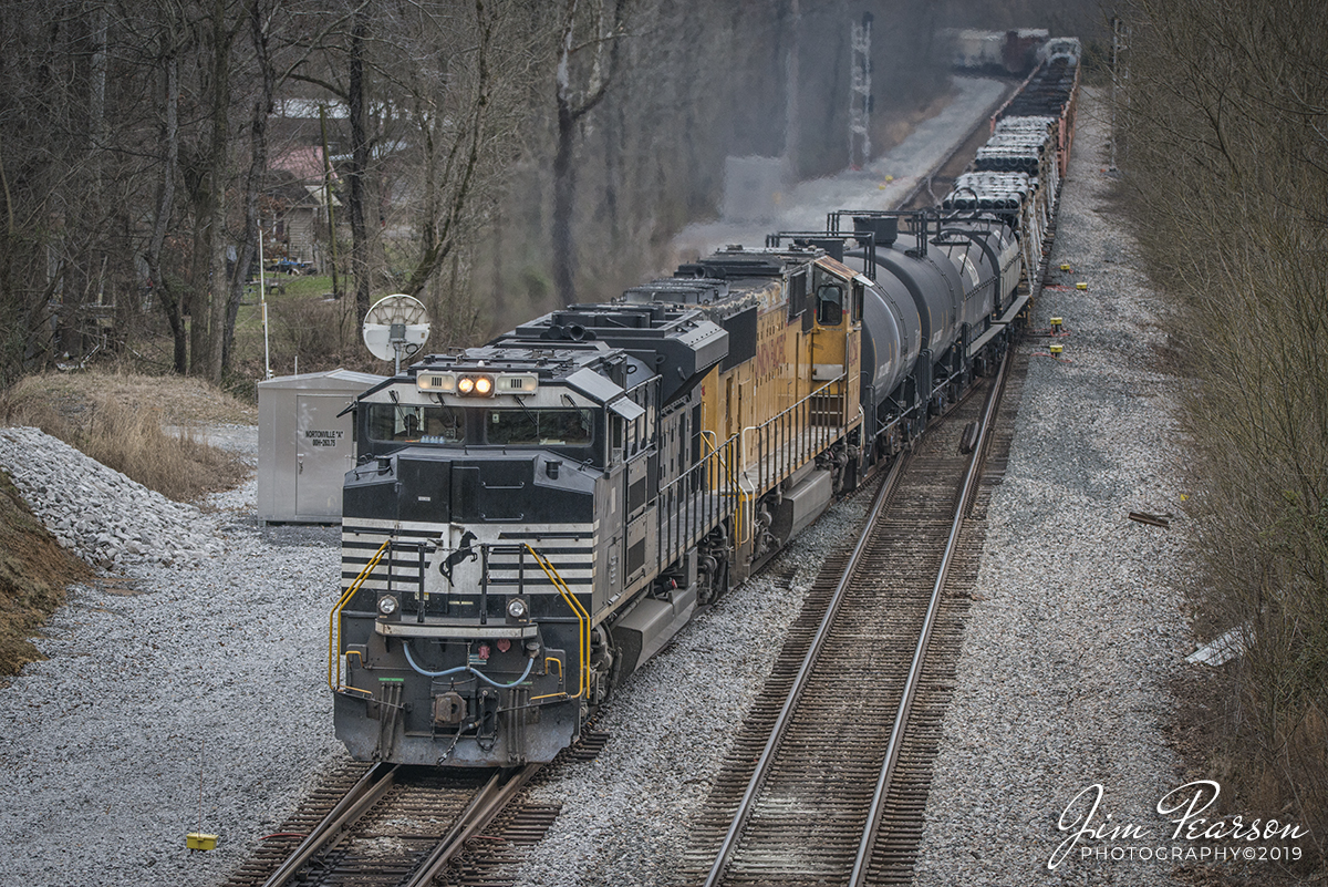 February 22, 2019 - CSX Q500, led by Norfolk Southern's 1111 (nicknamed as the bar-code unit), passes through the crossovers onto track 2 as it heads north on the Henderson Subdivision and Nortonville, Ky with Union Pacific 4254 trailing. - #jimstrainphotos #kentuckyrailroads #trains #nikond800 #railroad #railroads #train #railways #railway #csx #csxrailroad #nsrailway #norfolksouthern #unionpacific