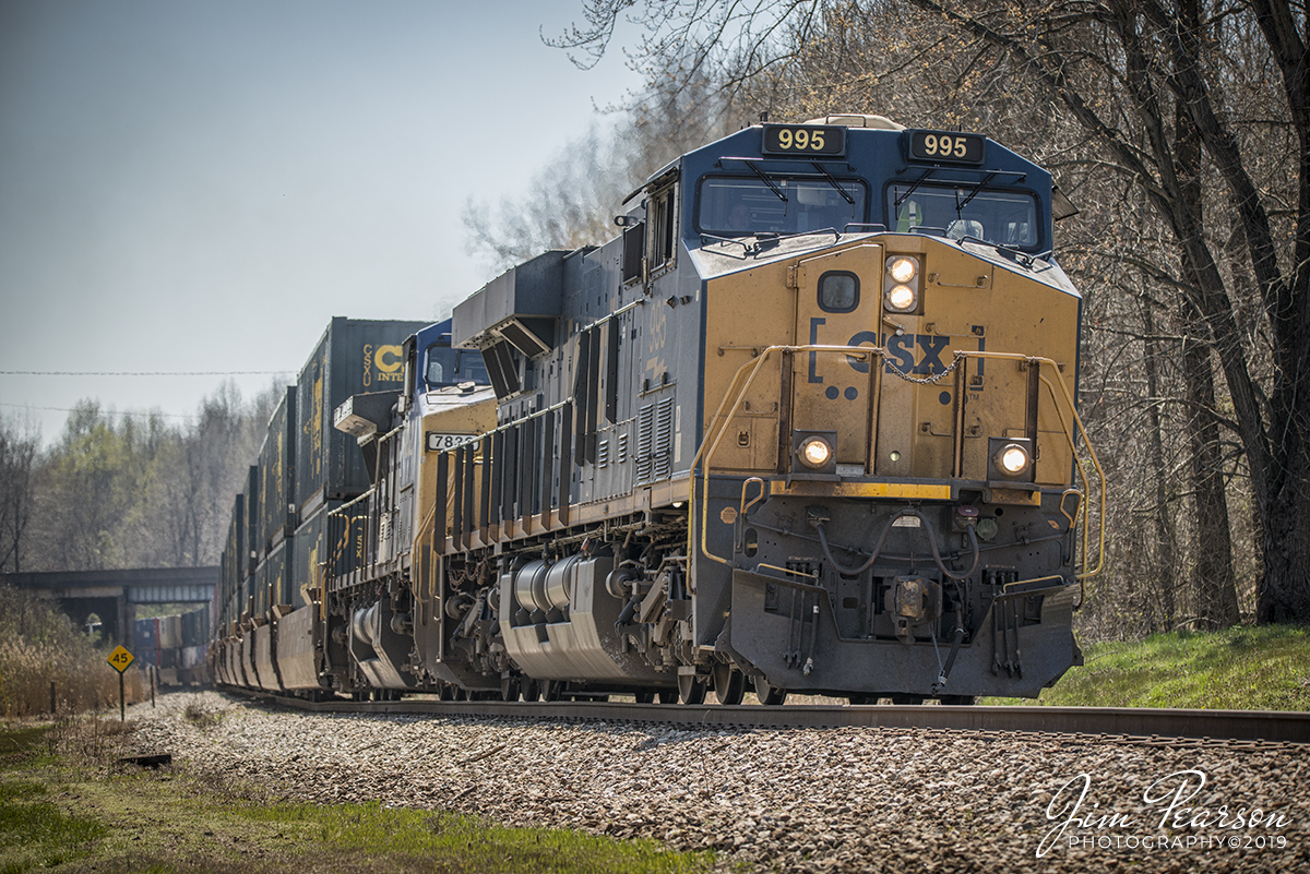 April 2, 2019 - CSX Intermodal Q026-01, Jacksonville, FL - Bedford Park, IL, passes under the highway 41 overpass as CSXT 995 leads it north on the Henderson Subdivision at Mortons Gap, Ky. - #jimstrainphotos #kentuckyrailroads #trains #nikond800 #railroad #railroads #train #railways #railway #csx #csxrailroad