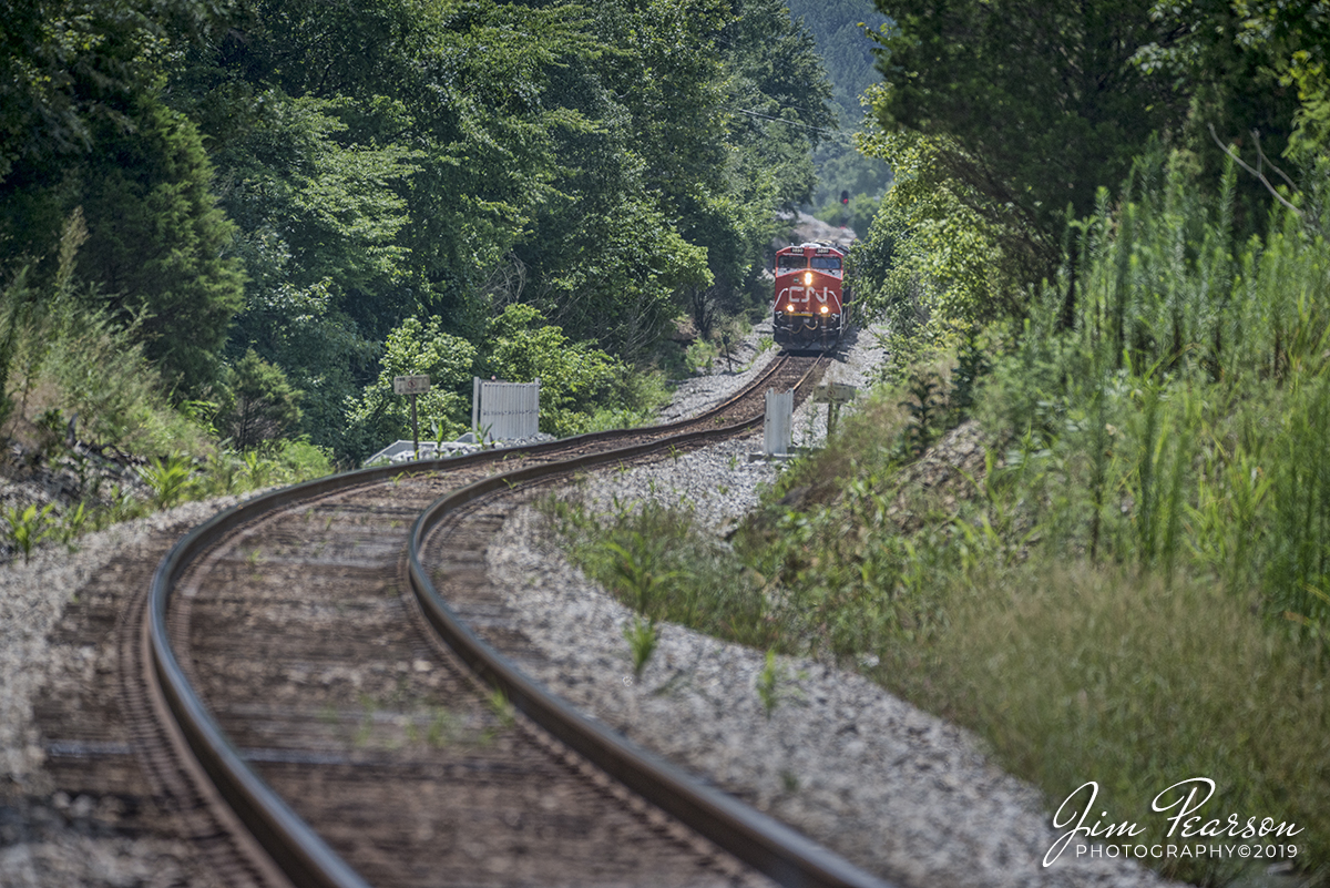 July 19, 2019 - Canadian National 3880 leads CSX empty grain train, V240-17 up the grade out of Mortons Gap, Kentucky as it heads north on the Henderson Subdivision.