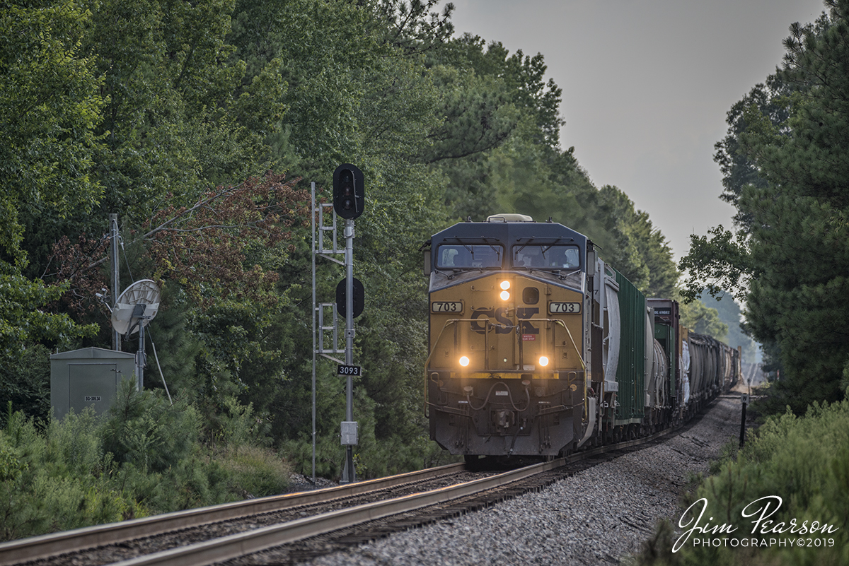 July 25, 2019 - CSXT 703 leads Q583 at the holdout at MP 309.3 approaching Waxhaw, South Carolina as it heads north on the Monroe Subdivision.