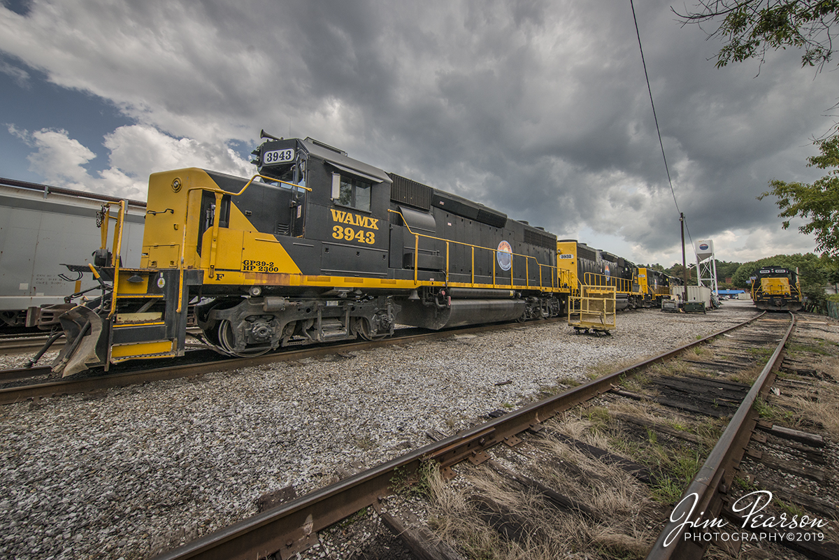 July 26, 2019 - After a week of visiting family and railfanning in NC, SC and TN I'm finally back home in Kentucky. On the return trip yesterday I stopped by in hopes of catching the Blue Ridge Southern Railroad running at Canton, North Carolina, but like many short lines they weren't moving at all since it was a Saturday. However, I was able to catch this nice shot of WAMX 3943 and several other of their locomotives sitting in the yard. I'll have to make a trip back during the week and get some photos of them in operation!

According to their website: Receiving its name from the Blue Ridge Mountains which overlook this scenic North Carolina railroad, the Blue Ridge Southern Railroad (BLU) was Watcos first property located in the state of North Carolina beginning in 2014. The BLU operates 92 miles of track, consisting of three branch lines that feed into Norfolk Southerns terminal in Asheville, North Carolina: the T-Line to the west of Asheville, the W-Line to the south, and the TR-Line, which branches off the W-Line. The BLU primarily ships commodities such as wood chips, paper, plastics, cement, coal, and products used in the manufacture of Epsom Salt.