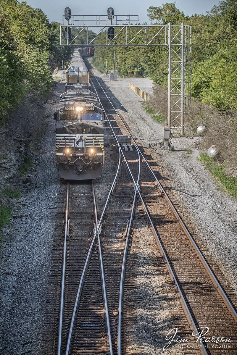 August 10, 2019 - After picking up a fresh crew, Norfolk Southern 9539 leads a mixed freight as it pulls away from the CP North Wye, on it's way south from the NS CNO&TP First District, north of Danville, Kentucky.