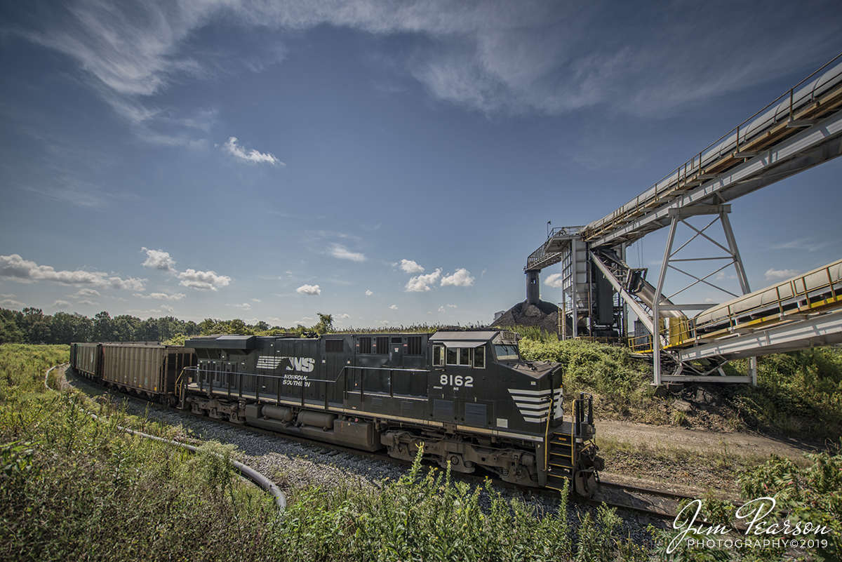 August 17, 2019 - Norfolk Southern 8162 brings up the rear of  WYX1 as the trains DPU, passing under the beltline at Warrior Coal outside Nebo, Kentucky as it finishes loading its coal train bound for the Paducah and Louisville Railway and points north.