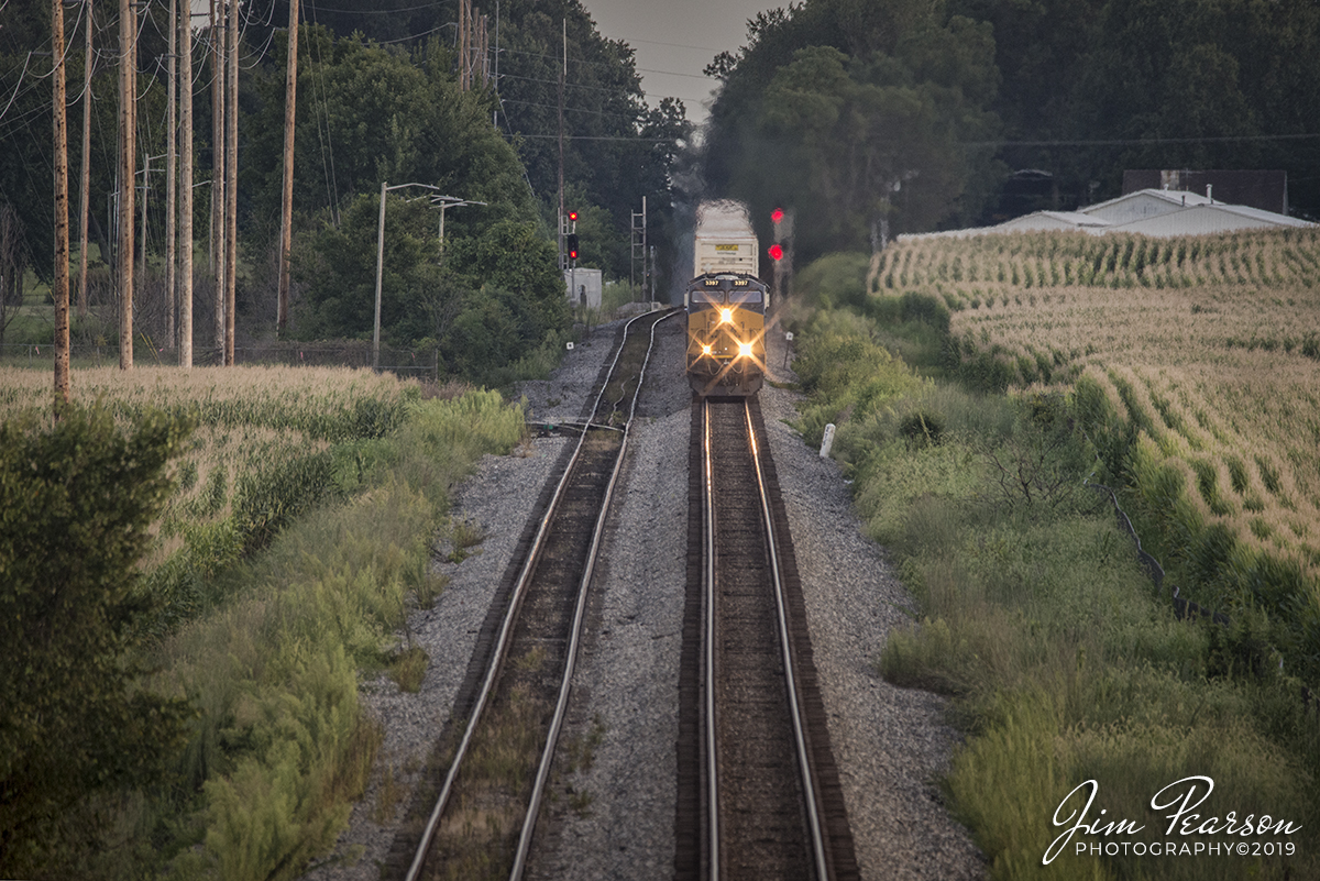 August 24, 2019 -  CSXT 3397 leads Q026 north on the Evansville Terminal Subdivision as it clears the signals at the south end of Inglefield siding at Evansville, Indiana.