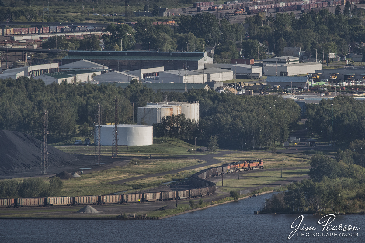 September 4, 2019 - A loaded BNSF coal train navigates the loop at the Superior Midwest Energy Terminal along the St. Louis Bay, at the mouth of the St. Louis River (Lake Superior) in Superior, Wisconsin.