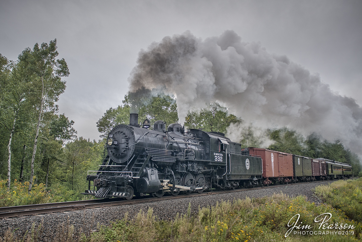 September 5, 2019 - The Duluth, Missabe & Iron Range 332 steam locomotive under full steam heads back toward Duluth, Minnesota during a recent photo charter from the Lake Superior Railroad Museum on the North Shore Line.