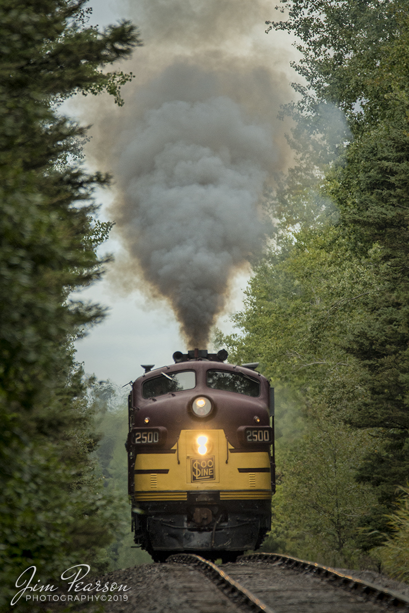 September, 2019 - Soo Line/Wisconsin Central FP7 Number 2500-A pulls up the grade as it approaches Lakewood on the North Shore Scenic Railroad as it heads to Two Harbors, from the Lake Superior Railroad Museum at Duluth, Minnesota.

According to Wikipedia: With steam operations on North American Railroads being converted to diesel operations, Electro-Motive, along with other locomotive builders, began building demonstrator units to be tested by various railroads. Electro-Motive built a set of three FP7 units, 7001 (A-unit) and 7002 & 7003 (B-units). In November 1949, Canadian Pacific Railway tested these units. Canadian Pacific owned most of the Soo Line, and after testing the three demonstrator units, they were sent to the Soo Line.

In April 1950, Soo Line ran the set from Minneapolis, MN to Portal, ND then Duluth, MN to Winnipeg. 7001 hosted the United Kingdom's Duke of Windsor, the former King Edward VIII, in its cab through North Dakota. Soo Line was so impressed with the set, that it purchased them for use on Wisconsin Central. In May 1950, they were delivered as WC 2500-A, 2500-B, and 2501-B.

WC 2500-A often pulled Soo's Laker from Chicago to Duluth. Although numbered as Wisconsin Central, 2500 was painted in Soo Line's maroon and gold scheme. In 1960 Wisconsin Central became part of the Soo Line, and 2500 was repainted into the red and gray Soo Line scheme. When passenger service was discontinued in the 1960s, 2500 was used to pull freight trains.

In 1980, 2500 was converted to provide compressed air and electrical power to snowplows in the winter months. In August 1986, Soo 2500 was donated to the Lake Superior Railroad Museum. Soo 2500 went through a lengthy and complete overhaul. Much of its interior was repaired or replaced. Its exterior was repainted back into Soo Line's old maroon and gold scheme. In 1995, Soo Line 2500 pulled passenger trains, this time for the North Shore Scenic Railroad and now for the Lake Superior Railroad Museum.