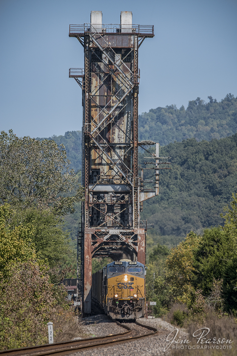 September 20, 2019 - CSX empty coal train E303 heads across the liftbridge at Bridgeport, Alabama as it heads north over the Tennessee River on the Chattanooga Subdivision. From what I can find on the web, "The original span was a swing type drawbridge constructed in 1852 by the Nashville & Chattanooga RR. That structure was replaced in 1890 by another swing type by successor line Louisville & Nashville. Current span was completed in 1981. The central lift section was taken from another bridge that had been abandoned on an L&N line at Danville, TN. It was dismantled, shipped to this site, and reassembled in place."