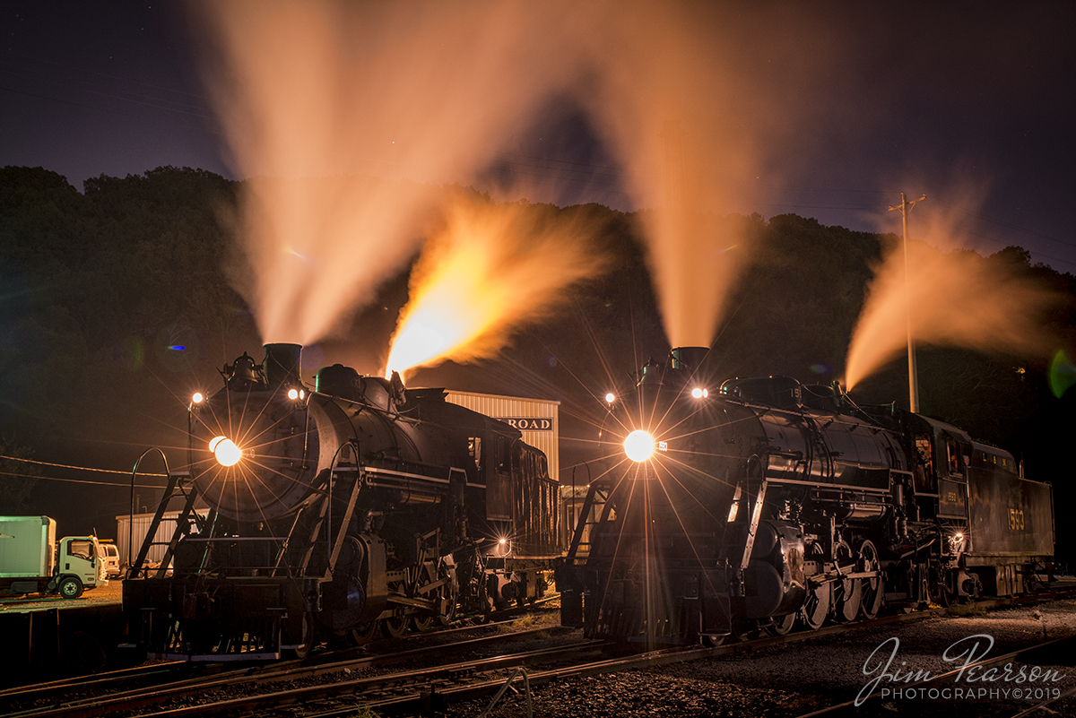 September 20, 2019 - Southern 4501, all dressed up as L&N 1593, sits next to Southern 630, during the Annual L&N Convention night shoot, at the Tennessee Valley Railroad Museum in Chattanooga, Tennessee.