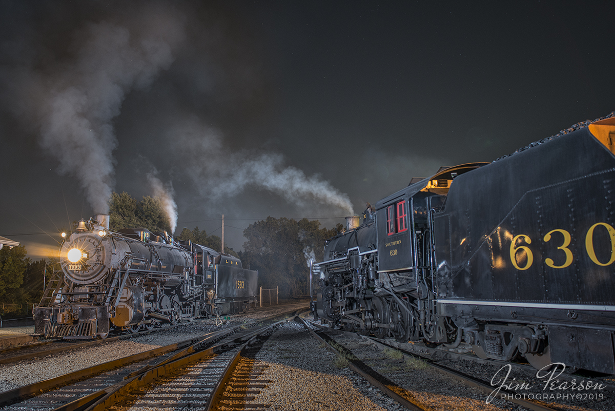 September 20, 2019 - Southern 4501, all dressed up as L&N 1593, sits next to Southern 630, during the Annual L&N Convention night shoot, at the Tennessee Valley Railroad Museum in Chattanooga, Tennessee.