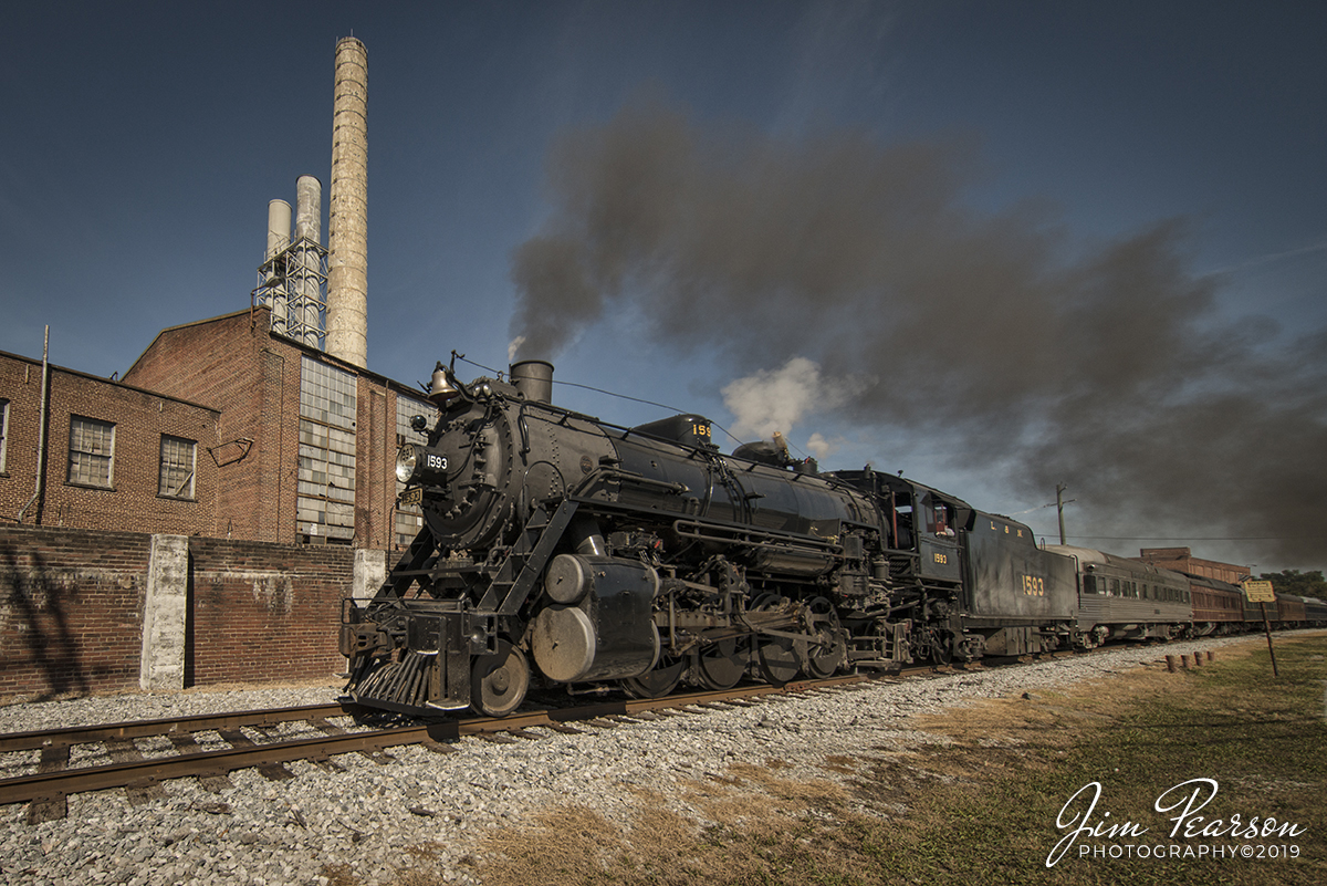 September 21, 2019 - Southern 4501, all dressed up as L&N 1593, passes the old Peerless Woolen Mills at Chattanooga, Tennessee as it heads south on the Chattanooga & Chickamauga Railroad during the 2019 L&N Convention.