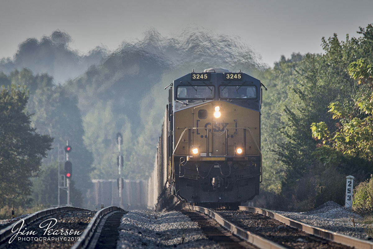 September 28, 2019 - CSX empty coal train E321 passes MP 253 as it heads up the grade at the south signals at Crofton, Ky on its way north on the Henderson Subdivision.