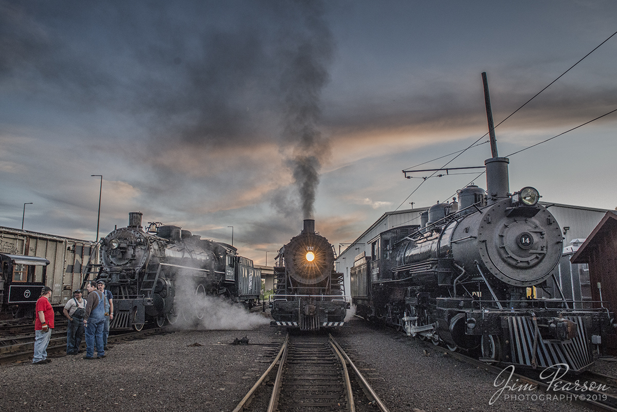 September 4, 2019 - The last glow of the day starts to fade from the sky a crews get things ready for a night photo shoot in Duluth, Minnesota at a recent photo charter at the Lake Superior Railroad Museum on the North Shore Scenic Railroad. 

Locomotives from left, Minnesota Steel #7 a 0-4-0ST "Tank Engine" built by Porter in 1915; Soo Line #2719, Duluth, Missabe a Class H-23, 4-6-2 "Pacific" built by ALCO in 1923;   Duluth, Missabe & Iron Range Railway #332 a  2-8-0 consolidation class built by Pittsburg Works in 1906 and Duluth & Northern Minnesota #14 a 2-8-2 "Mikado" built by Baldwin in 1913.