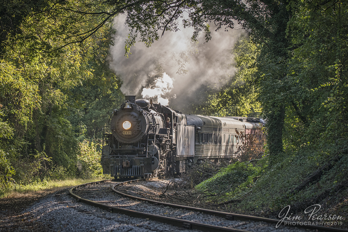 September 21, 2019 - Southern 4501, all dressed up as L&N 1593, heads into a curve at Chattanooga, Tennessee as it heads south to Chickamauga, GA, during the 2019 L&N Convention.