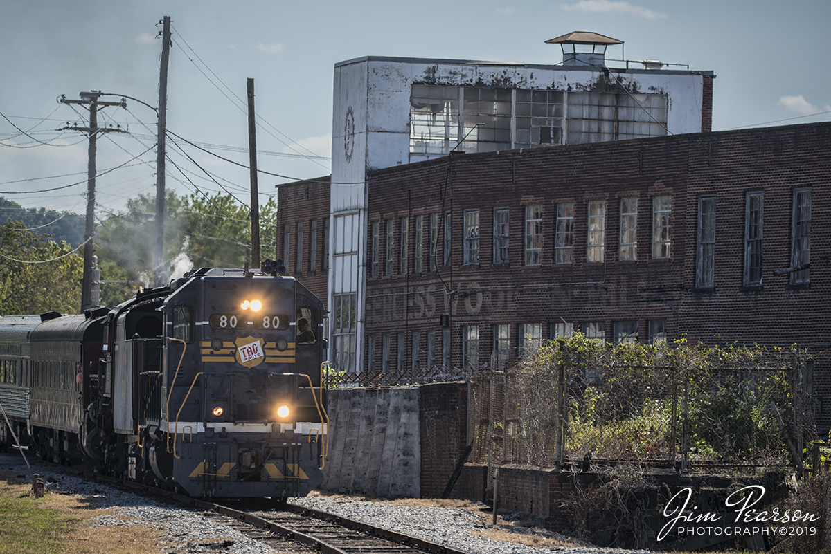 September 21, 2019 - The John A. Chambliss "TAG 80" (Tennessee, Alabama & Georgia Railroad) leads, with the Southern 4501 all dressed up as L&N 1593, as it passes the old Peerless Woolen Mills at Chattanooga, Tennessee as it heads north on the Chattanooga & Chickamauga Railroad during the 2019 L&N Convention.