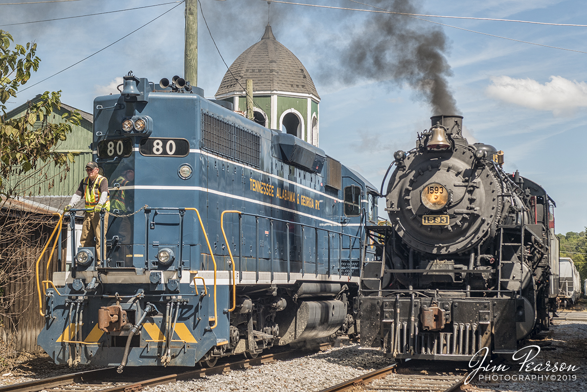 September 21, 2019 - The John A. Chambliss "TAG 80" sits next to L&N 1593 (Southern 4501) during a photo charter to the depot in Chickamauga, Georgia. Southern 4501, was all dressed up as L&N 1593, during the L&N Historical Society weekend at the Tennessee Valley Railroad Museum (TVRM) at Chattanooga, TN.