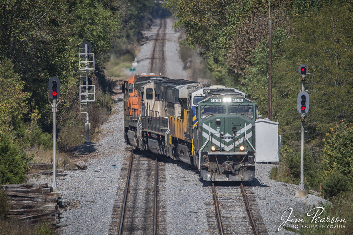 October 2, 2019 - This afternoon I caught this rainbow power move as it took the siding at the north end of the siding at Dawson Springs, Ky, on the Paducah and Louisville Railway. The power is, PAL 4518, CITIRAIL 1204, BNSF 9651 and 5653. The BNSF power came north earlier this morning and dropped off a string of empty coal cars, before the power being moved back to Paducah, Ky. Not sure of the reason for the strange move however.