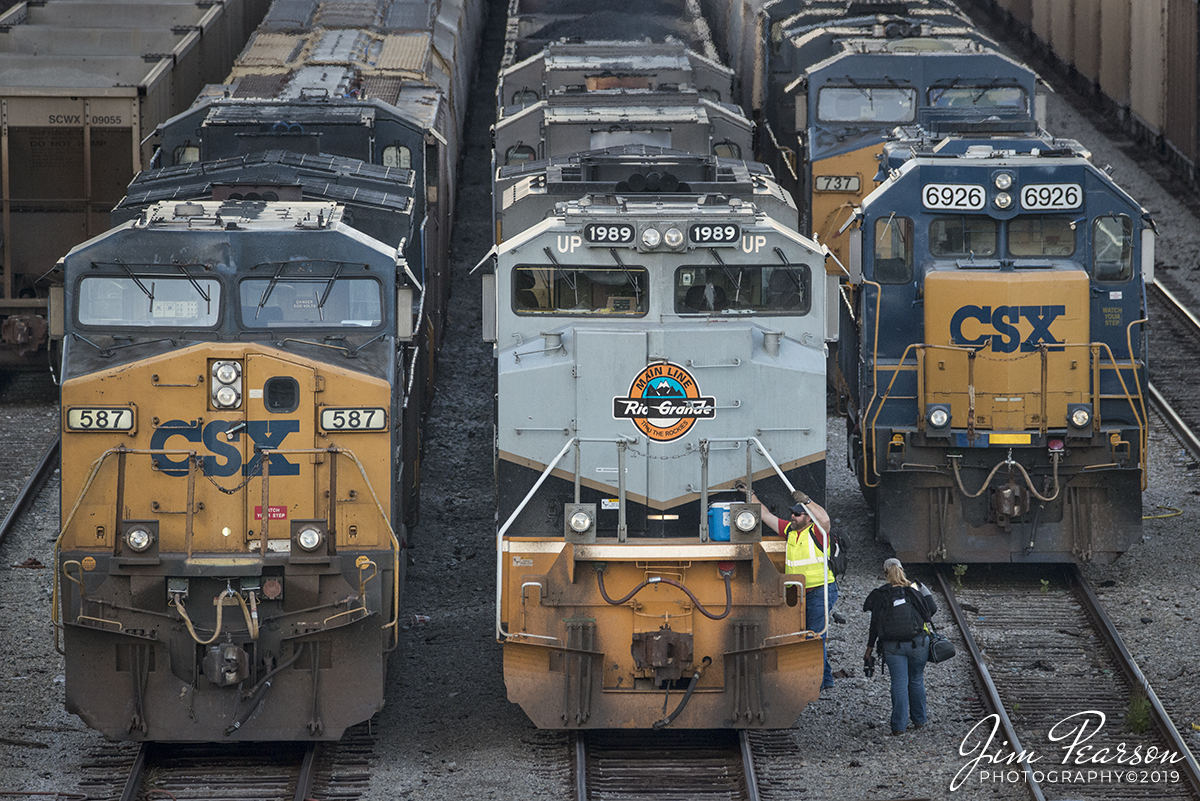 October 14, 2019 - The inbound crew on Union Pacific 1989, Denver Rio Grand Heritage Unit, leaves CSX W221-13 at Howell Yard in Evansville, Indiana after tying down their train. A new outbound crew will take coke train on south onto the Henderson Subdivision on its way to Georgia. It's trailing units here are UP 6684 and 7164.

According to Wikipedia: Union Pacific 1989: Serial number 20056723-098, is painted in Denver and Rio Grande Western Railroad colors. It was delivered on 24 May 2006, unveiled on June 17, 2006, at a special UP employee event in Denver, Colorado.

It is one of six EMD SD70ACe locomotives that are painted in the liveries of railroads acquired by the Union Pacific. The company says the locomotives "pay homage to those railroads and the generations of men and women who helped to build a great nation and the foundation for our future."