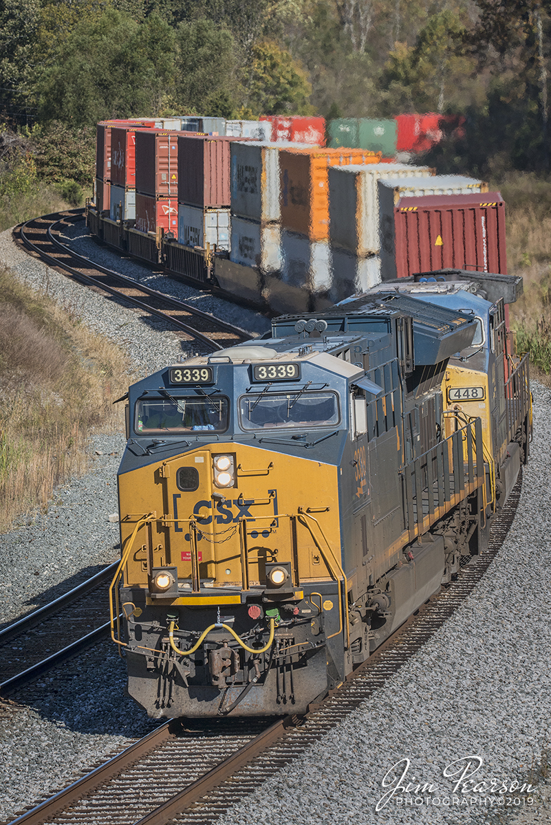 October 23, 2019 - CSX Intermodal Q025-23 (Q025 Bedford Park, IL - Jacksonville, FL) snakes its way through the S curve as it heads south through Nortonville, Ky on the Henderson Subdivision.