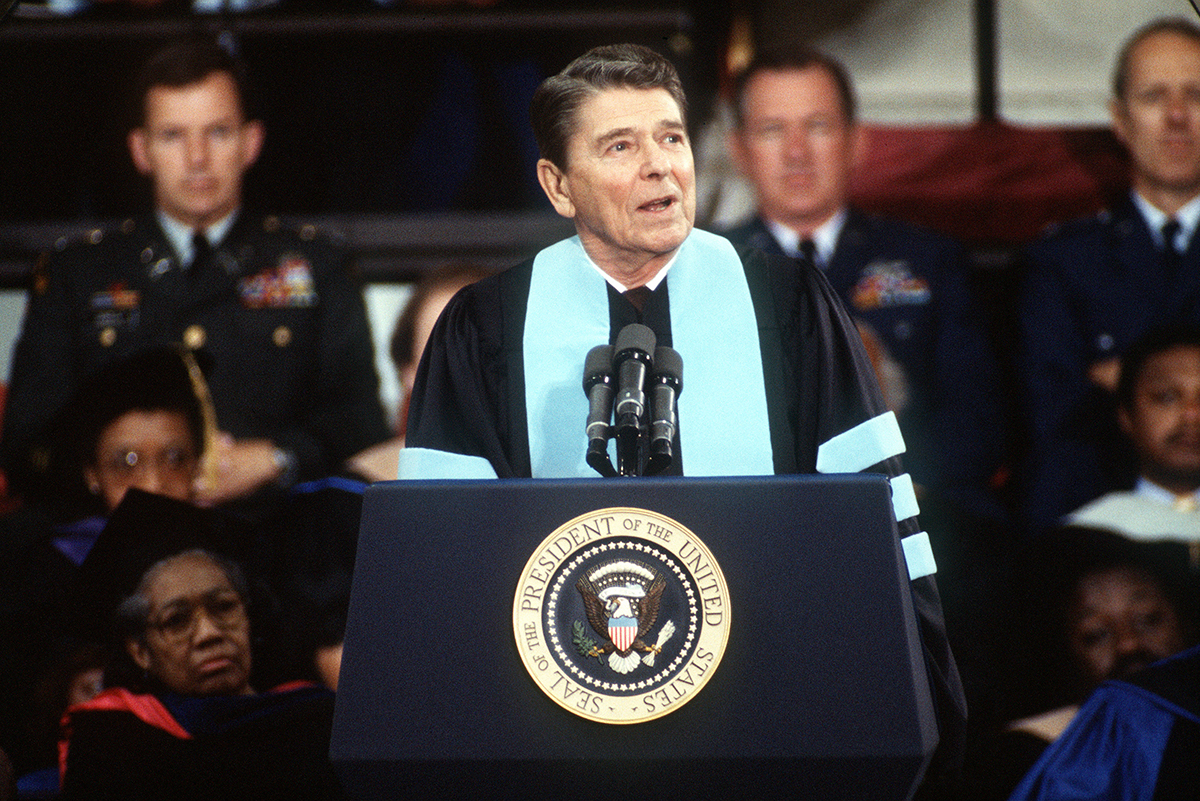 Blast from the Past - May 10, 1987 President Ronald Reagan gives graduation address to the graduating class of Tuskegee University their friends and families during ceremonies held at the university. - USAF Photo by TSgt. James R. Pearson