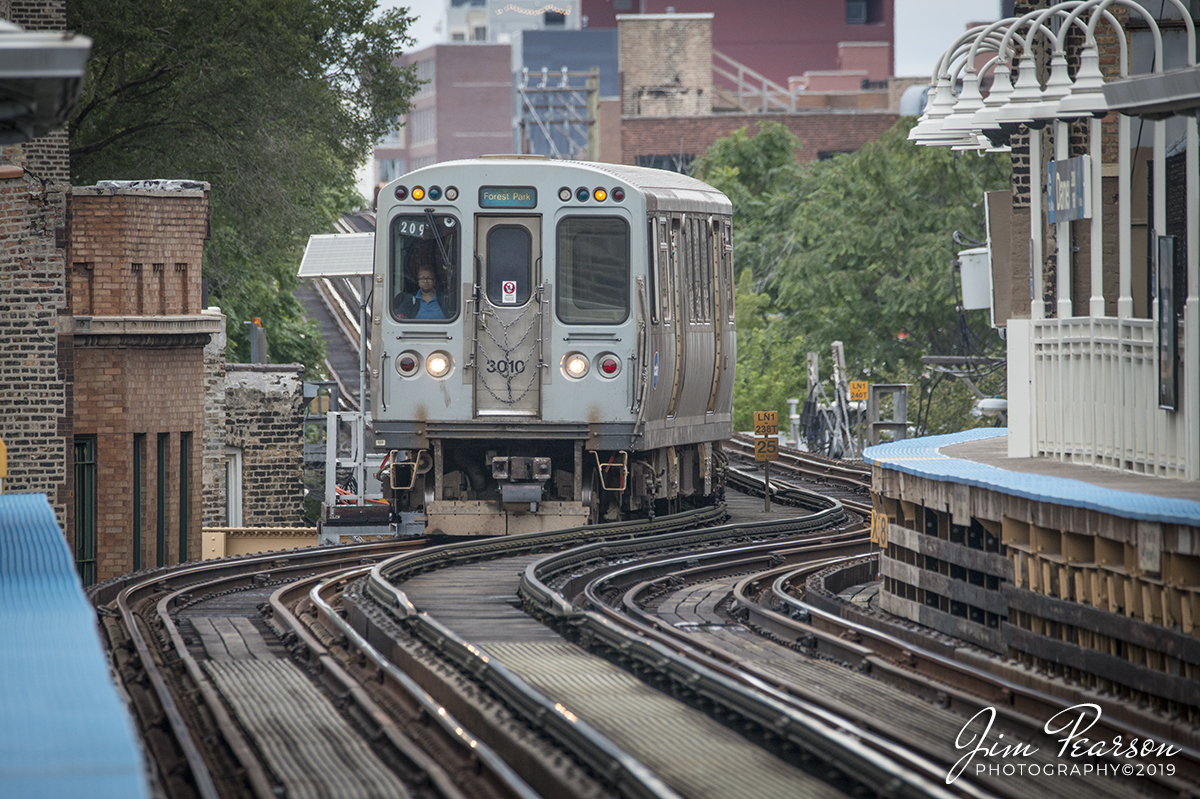 September 8, 2019 - CTA Blue Line train 209 to Forest Park approaches the Damen Station as it heads toward downtown Chicago, Illinois.
