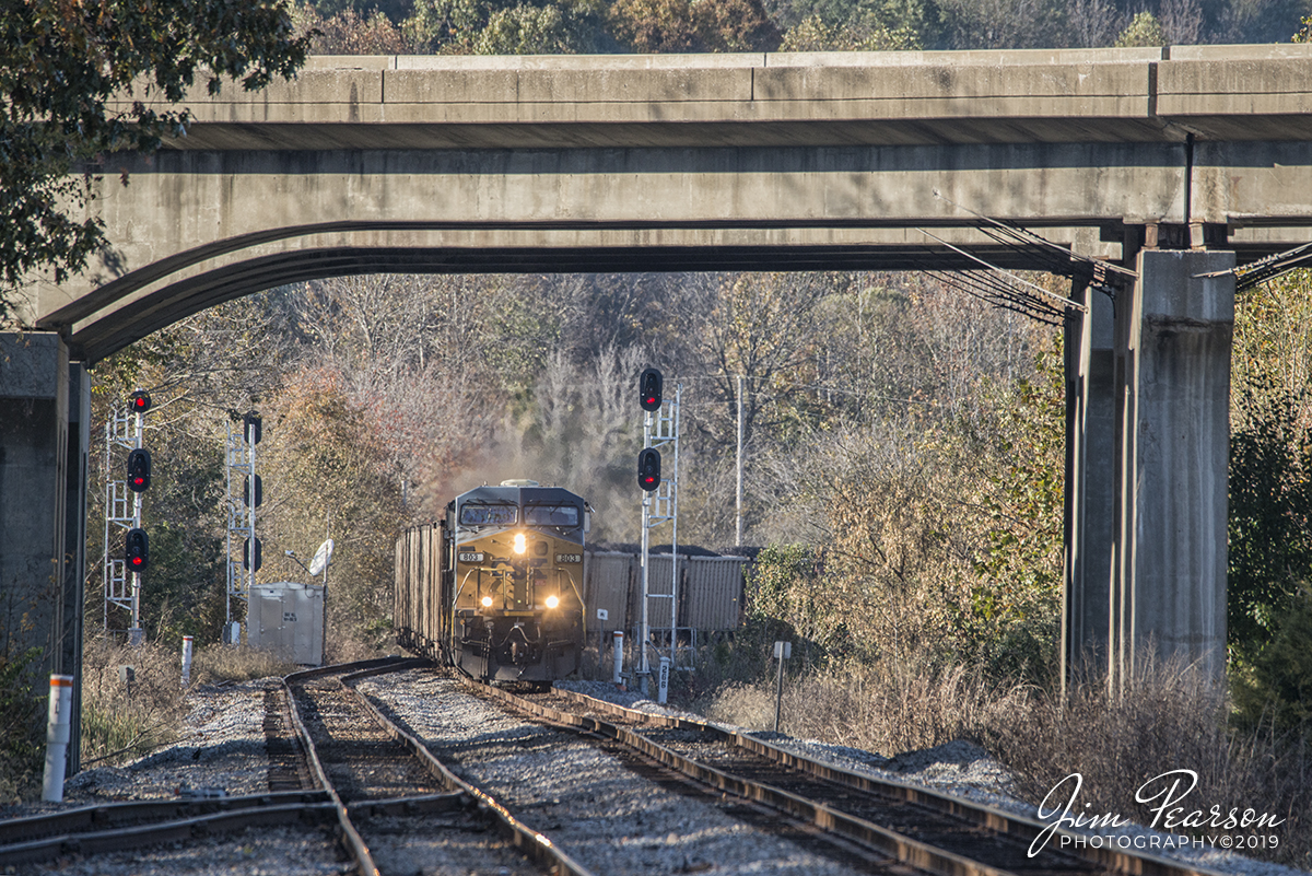 November 1, 2019 - Loaded Coal Train CSX N020-31 (Evansville, IN to Wildwood, FL) passes the signals at Oak Hill, as it heads south on the Henderson Subdivision at Little Valley, Ky.