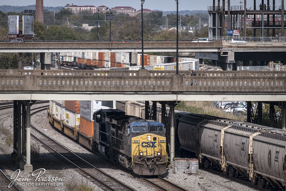 November 4, 2019 - CSX hot intermodal Q029 passes under Broadway Avenue as it approaches Kayne Avenue on its way south on the Nashville Terminal Subdivision, at Nashville, TN with CSXT 503 leading the way.
