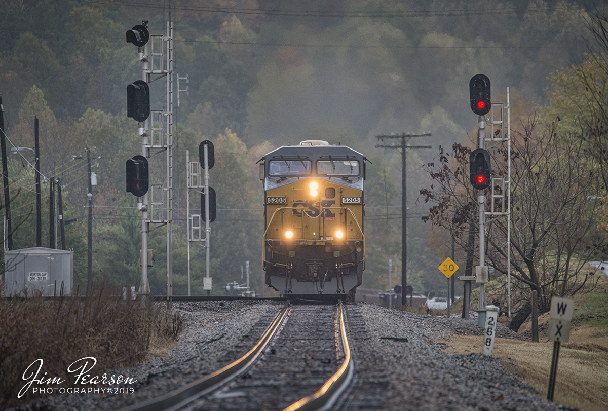 November 7, 2019 - It's a wet and dreary day as CSXT 5205 passes through the switch at Mortons Junction at Mortons Gap, Kentucky as it leads CSX Q506 north on the Henderson Subdivision.