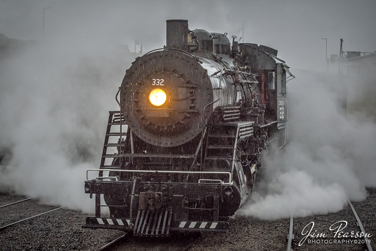 September 5, 2019 - The Duluth, Missabe & Iron Range 332 steam locomotive, at Lake Superior Railroad Museum, prepares for a day long photo charter from Duluth, Minnesota to Two Harbors, Minnesota along the North Shore Line, in the early morning rain.