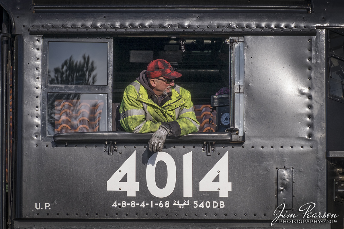 November 13, 2019 - A crewmember on Union Pacific Big Boy 4014 keeps a watchful eye on ground operations as the train works to get ready to depart from Prescott, Arkansas on its way to Little Rock on UP's Little Rock Subdivision.