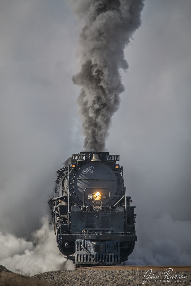 November 13, 2019 - During Union Pacific's Race Across the Southwest UP 4014 Big Boy appears out of the steam as it pulls away from Prescott, Arkansas on its way north on UP's Little Rock Subdivision on a beautiful and cold fall morning.