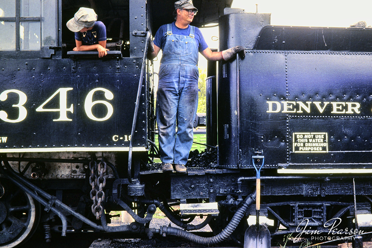 Blast From The Past - Mid 1980's - I can't recall the exact year this photo was made at this time. A bit more research will nail it down though. This is my friend Norm Grant and his son Dale Grant at the Colorado Railway Museum at Golden, Colorado. Norm, his wife Gloria and Dale (my Godson) were avid volunteers at the Museum for many years and they helped out on firing and running Rio Grand 346.

I have always been interested in photographing trains, but I attribute Norm and Dale as the ones that fired up that passion to what it is today! We were all stationed together at Rhein Main Air Base in West Germany for three years and we chased and photographed trains around West Germany and other areas of Europe during that time. When I was reassigned to the states in 1981 and Norm left the service we have continued to be family over the years and meet up a various places for visits and railfan trips. Although Norm has left this world for a better place, his son continues today as an engineer for the BNSF Railway.  

According to Wikipedia: The Colorado Railroad Museum is a non-profit railroad museum. The museum is located on 15 acres at a point where Clear Creek flows between North and South Table Mountains in Golden, Colorado.

The museum was established in 1959 to preserve a record of Colorado's flamboyant railroad era, particularly the state's pioneering narrow gauge mountain railroads.

The museum building is a replica of an 1880s-style railroad depot. Exhibits feature original photographs by pioneer photographers such as William Henry Jackson and Louis Charles McClure, as well as paintings by Howard L Fogg, Otto Kuhler, Ted Rose and other artists. Locomotives and railroad cars modeled in the one inch scale by Herb Votaw are also displayed. A bay window contains a reconstructed depot telegrapher's office, complete with a working telegraph sounder.

The lower level of the museum building contains an exhibition hall which features seasonal and traveling displays on railroading history. The lower level also contains the Denver HO Model Railroad Club's "Denver and Western" operating HO and HOn3 scale model train layout that represent Colorado's rail history in miniature.

The Robert W. Richardson Library houses over 10,000 rare historic photographs, Denver & Rio Grande Western Railway no 683 was built in 1890 by the Baldwin locomotive works and spent much of his time, pulling coal trains in the eastern United States it was donated to the Colorado Railroad Museum in July 9th 1982.

Denver & Rio Grande Western railroad no 346 was built in July 1881 by the Baldwin locomotive Works in Philadelphia Pennsylvania does 346 has its very own class sister the locomotive number 318.