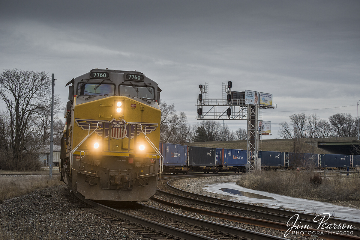 January 23, 2020 - Union Pacific leads a intermodal as heads westbound on CSX's St. Louis Subdivision at Terre Haute, Indiana.