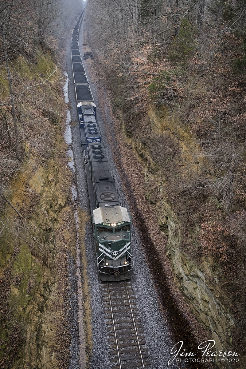 January 29, 2020 - Paducah & Louisville Railway 4516 and 2012 (UK engine) lead a loaded Louisville Gas and Electric Coal train through the cut approaching the KY-70 overpass at Bremen, Kentucky as they head north.