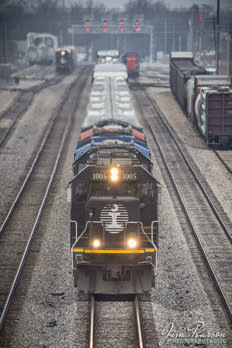 January 30, 2020 -  Canadian National (CN) A408, led by ex-Illinois Central 1005, makes it's way through the yard, toward the Pike Avenue Overpass, as it prepares to do drop off and pickups at Effingham, Illinois before continuing it's trip south on CN's Champaign Subdivision. Behind IC 1005 was IC 1027, GECX 2037 demo unit headed for repaint to CN colors, CN 5780 and CN 3106.
