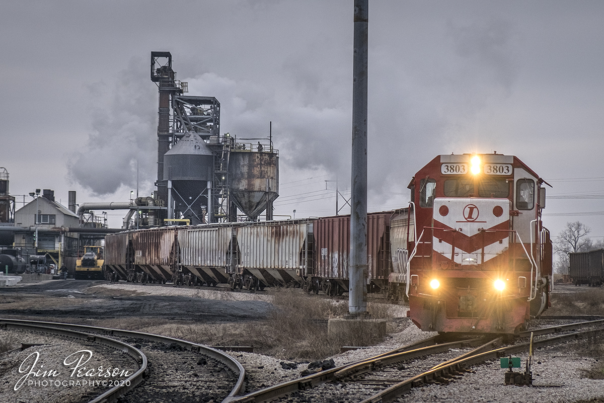 January 30, 2020 - Indiana Railroad (INRD) 3803 and 3806 power the Palestine Utility train 1 (PAUT-1), as it makes a dropoff and pickup at the Rain Carbon Inc. plant behind the Marathon Refinery in Robinson, Illinois on the INRD Indianapolis Subdivision.