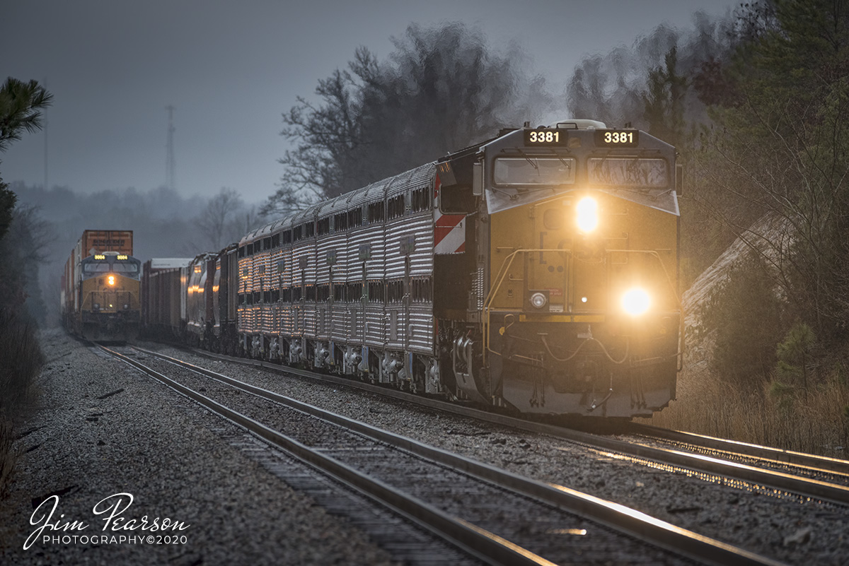 February 4, 2020 - CSXT 3381 looks strange enough with one eye out, but throw in 7 double deck passenger cars running behind the power on CSX Q501-03 on the Henderson Subdivision at Slaughters, Kentucky, makes it even stranger! Here we see Q026 sitting on the main as Q501 with it's 10,460 ft freight pulling south through the siding in a meet as 501 pulls south with 7 ex-Michigan (MI-train) passenger cars bound for Lebanon, Tennessee. I'm told they'll be used on the Music City Star Commuter line.

According to Wikipedia: The Music City Star (reporting mark NRTX) is a commuter rail service running between Nashville and Lebanon, Tennessee. The service uses the existing track of the Nashville and Eastern Railroad. The line stops at seven stations: Riverfront, Donelson, Hermitage, Mt. Juliet, Martha, Hamilton Springs and Lebanon. The operation covers 32 miles (51 km) of rail line. Service began on September 18, 2006.

The Star is considered a "starter" project to demonstrate the effectiveness of commuter rail service to the metro Nashville area. Expansion plans include as many as six more lines, terminating in Gallatin, Columbia, Murfreesboro, Dickson, Springfield, and Clarksville via Ashland City. All are planned to use existing CSX Transportation railroad lines. The planned seven lines meet in central Nashville in a star formation, hence the name of the system, which also alludes to the city's many country music stars.