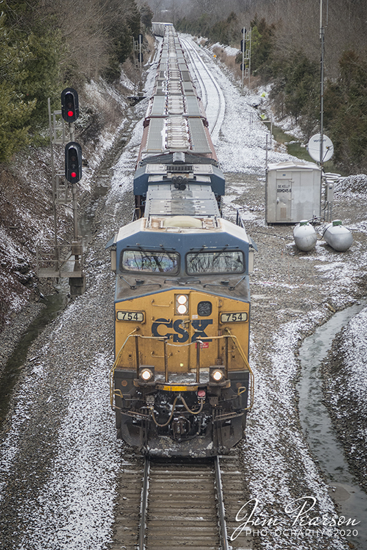 February 7, 2020 - Loaded Grain train, CSX Q503-06, being led by CSXT 754, pulls past the south end of Kelly siding, as it heads south on the Henderson Subdivision at Kelly, Ky.