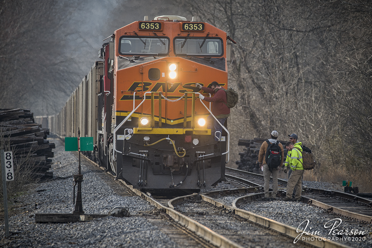February 8, 2020 - The engineer from Paducah, Ky, on BNSF 6353, steps down from a northbound empty coal train, at Caneyville, Kentucky as he and the conductor prepare to turn the train over to a Louisville Crew for the rest of the trip to Louisville on the Paducah and Louisville Railway.