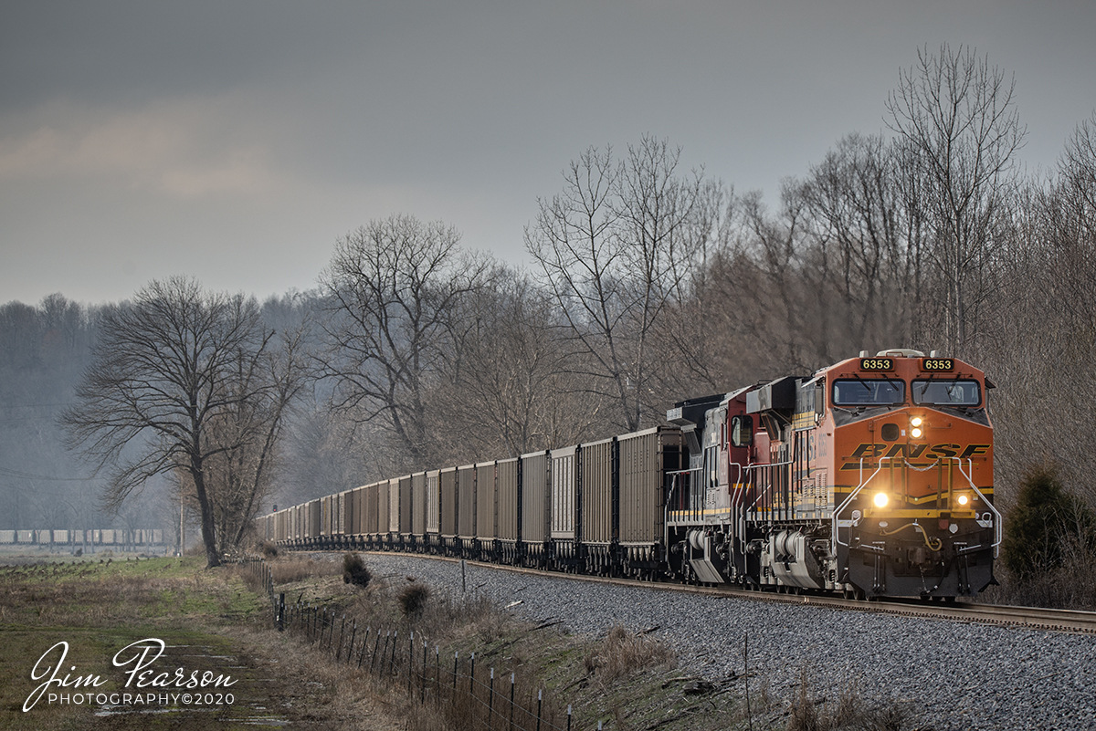 February 8, 2020 - BNSF 6353 & CN 2126 lead a northbound empty coal train, 7,400ft (135 car), with BNSF 5997 as the trailing DPU. Here it makes it's way north through the valley approaching Caneyville, Kentucky where it will meet up with a fresh crew to take the train on to Louisville.