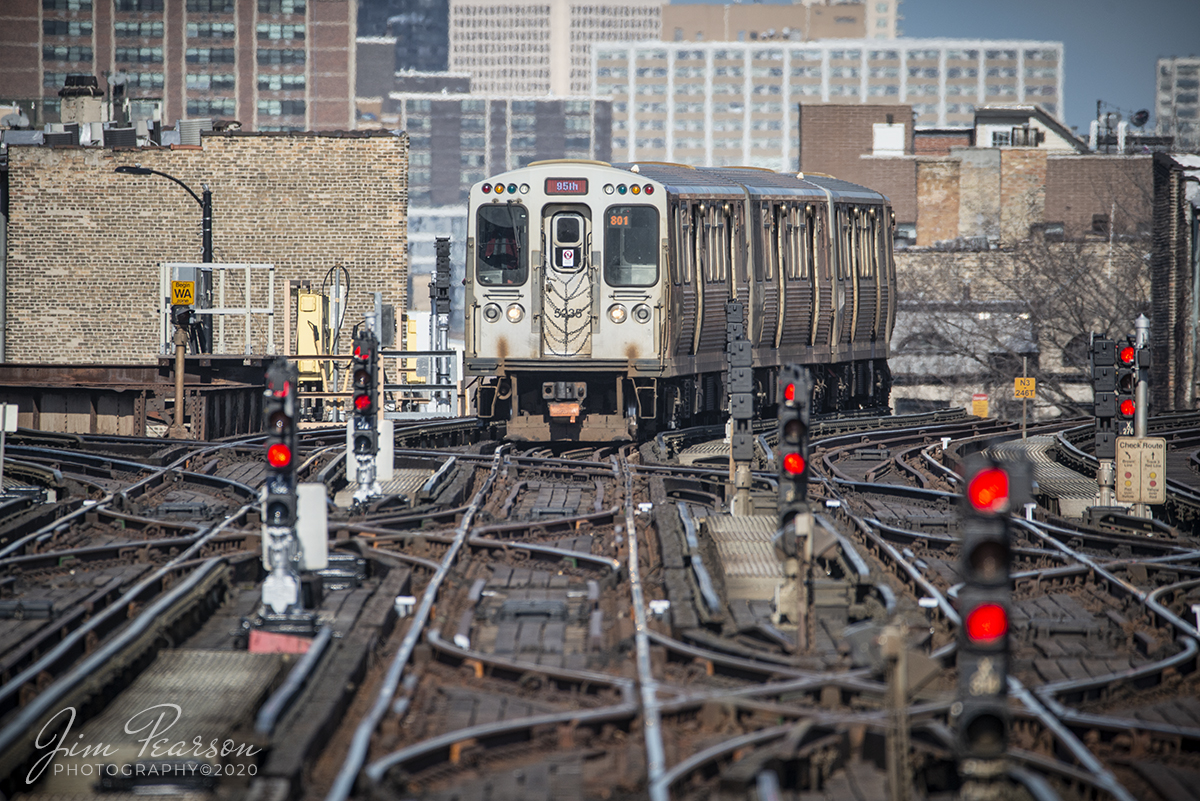 February 21, 2020 - Chicago Transit Authority train 801 to 95th street approaches the Belmont Station in Chicago, Illinois from Clark Junction.