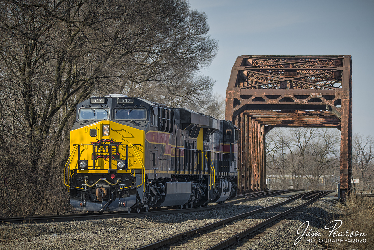 February 22, 2020 - Iowa Interstate units 517 &  512 head along track nine at Blue Island Junction at Blue Island, Illinois, as they run engine light after making a drop-off at CSX's Barr Yard.